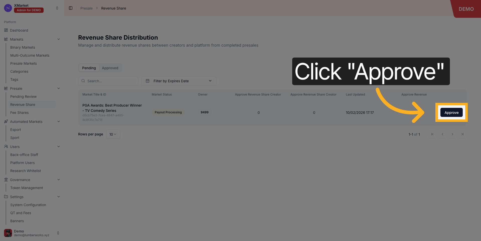 Approve revenue share: Pending tab with Approve button and approval flow