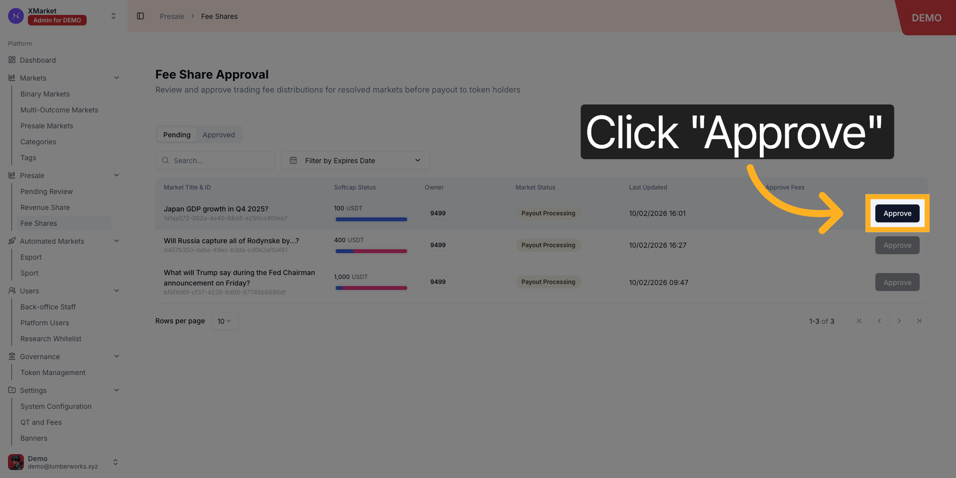 Approve fee-share: Pending tab with Approve button and approval flow