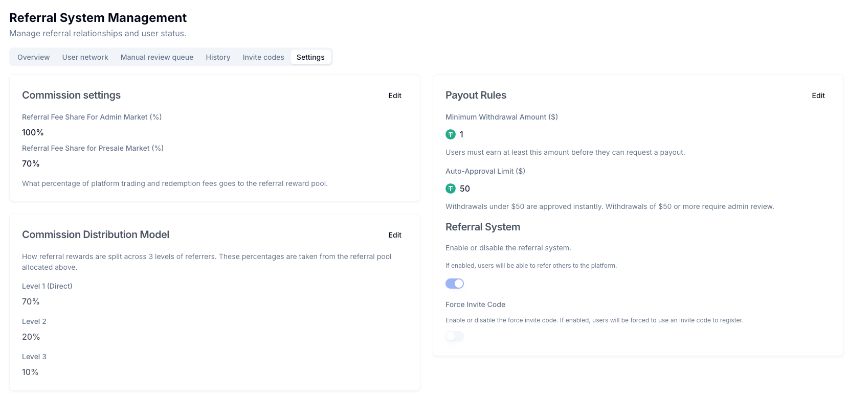 Referral settings